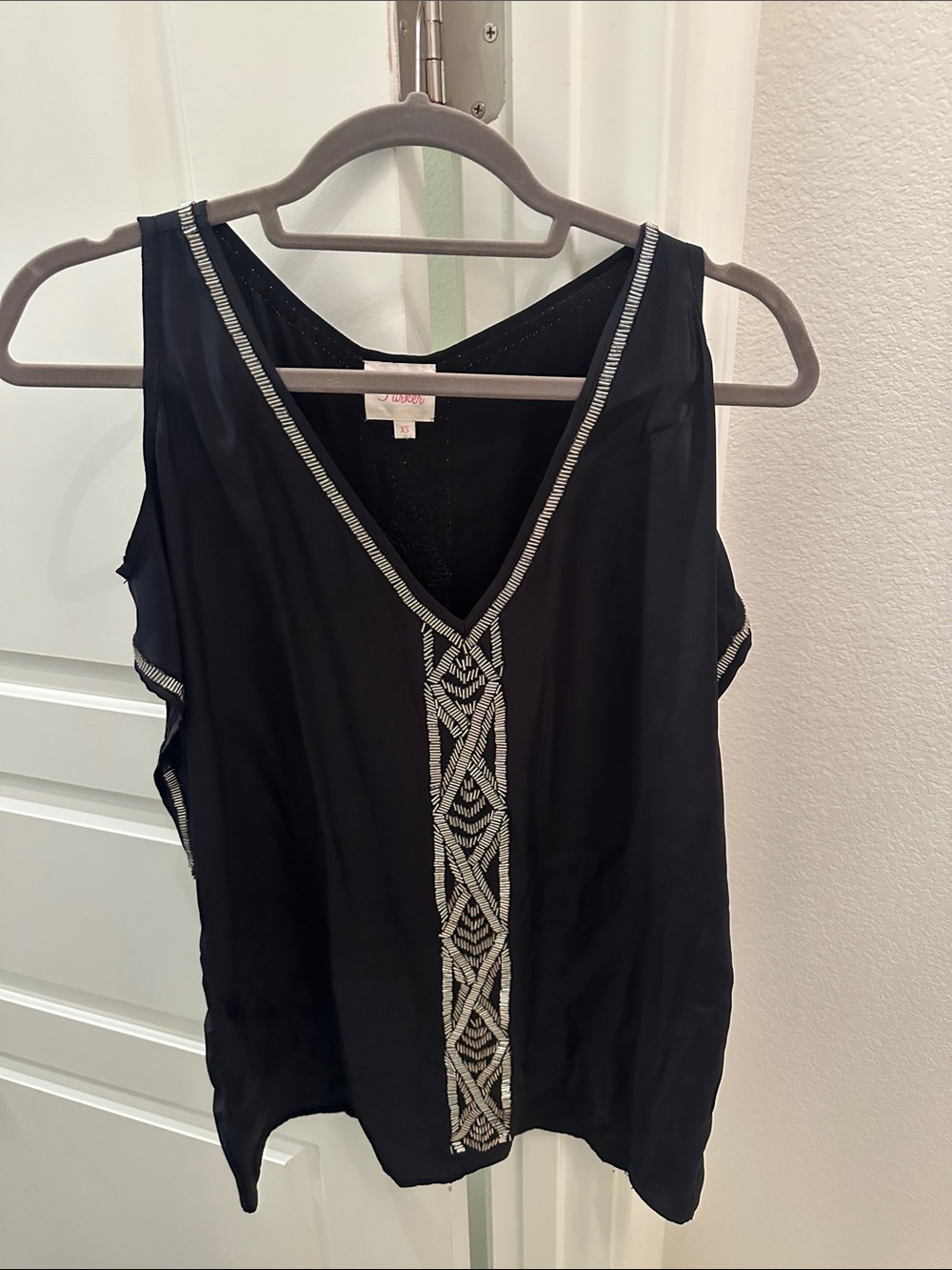 Parker Black V-Neck Tank Top with Silver Beaded Trim